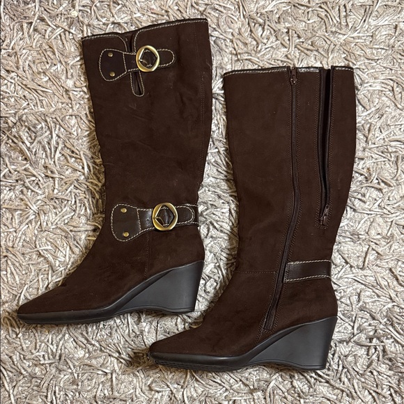AEROSOLES Dark Brown Suede Wedge Knee Boots with Gold Buckles - Picture 3 of 4